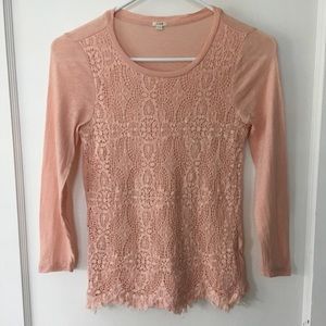 J.Crew 3/4 Sleeve Peach Crocheted Front Top